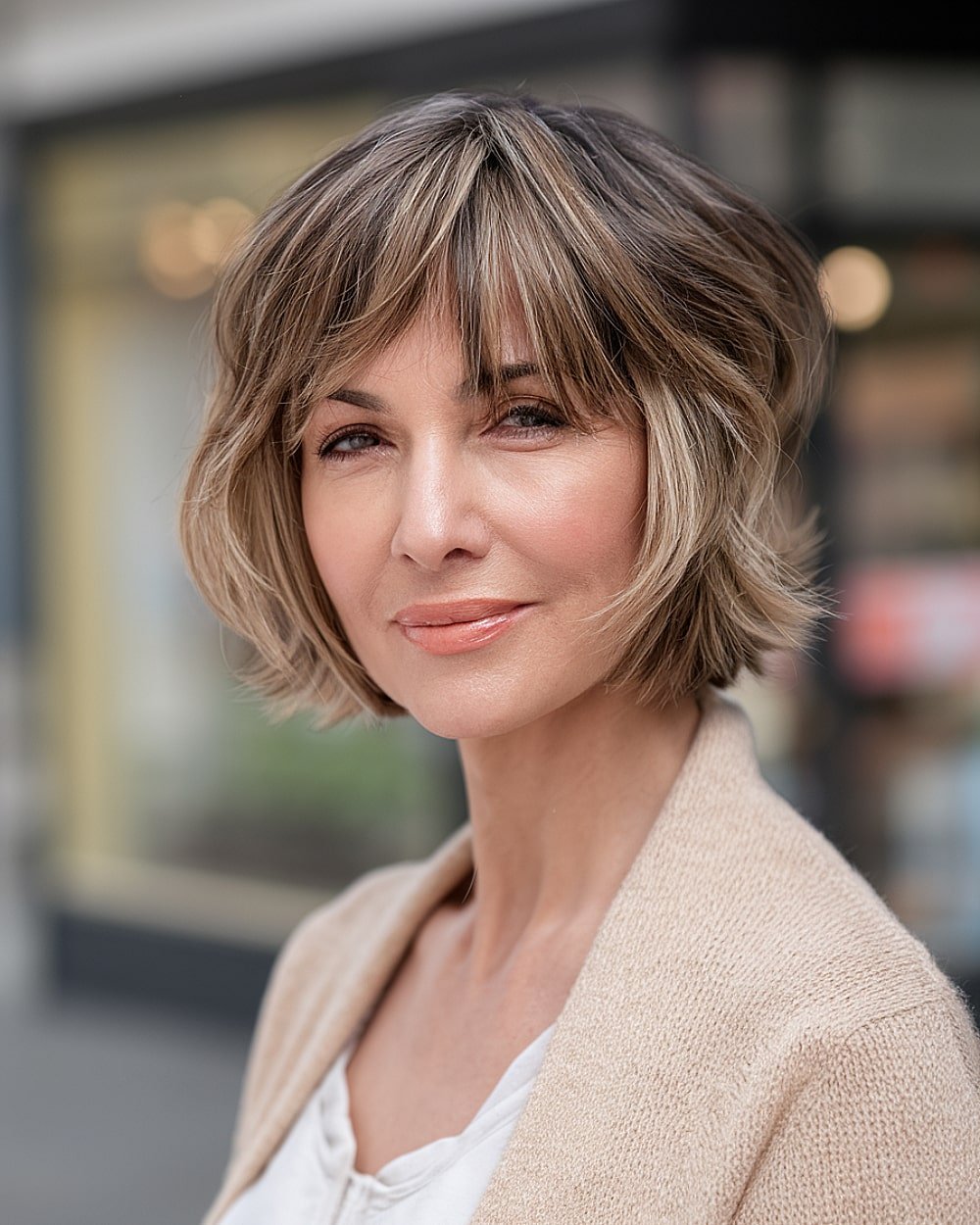 Strukturierter kurzer Bob mit Pony für feines Haar und Gesichtsvolumen über 40