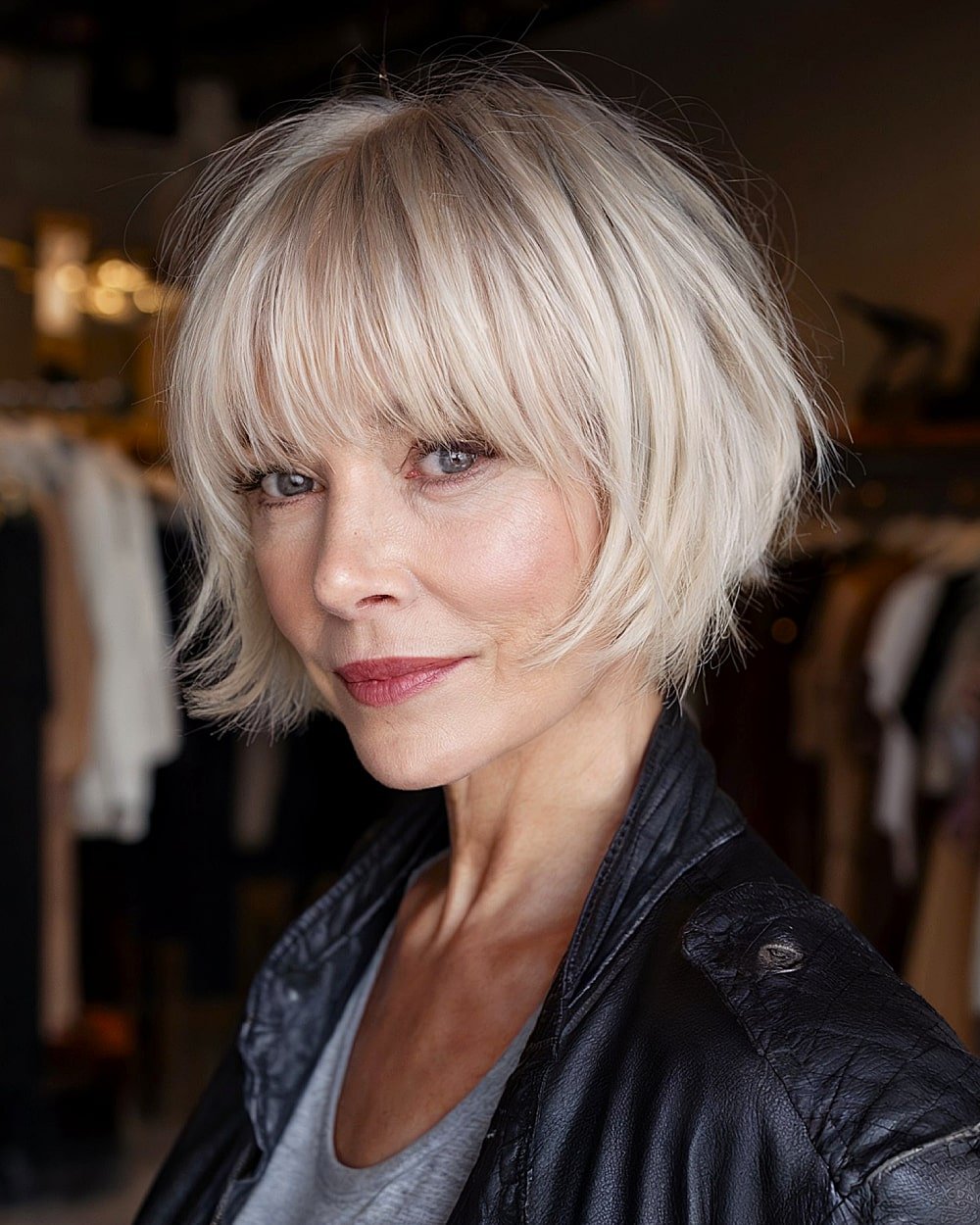 Kurzer blonde Bob mit Pony für Frauen über 40 mit feinen, hellen Haaren