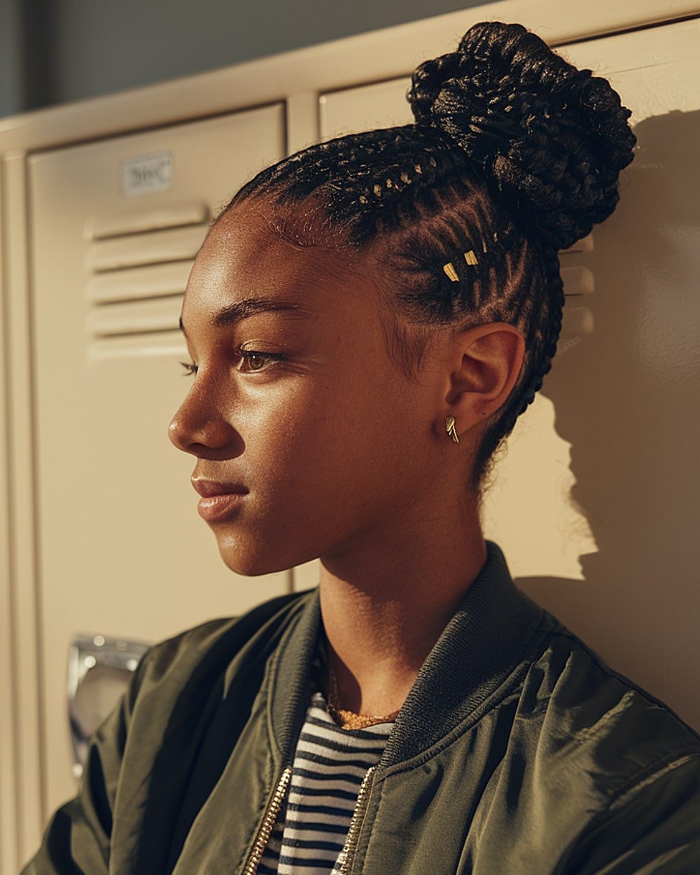 Hoch geflochtenes Brötchen auf natürlichen Haaren mit Einspeisung Cornrows und goldenen Manschetten