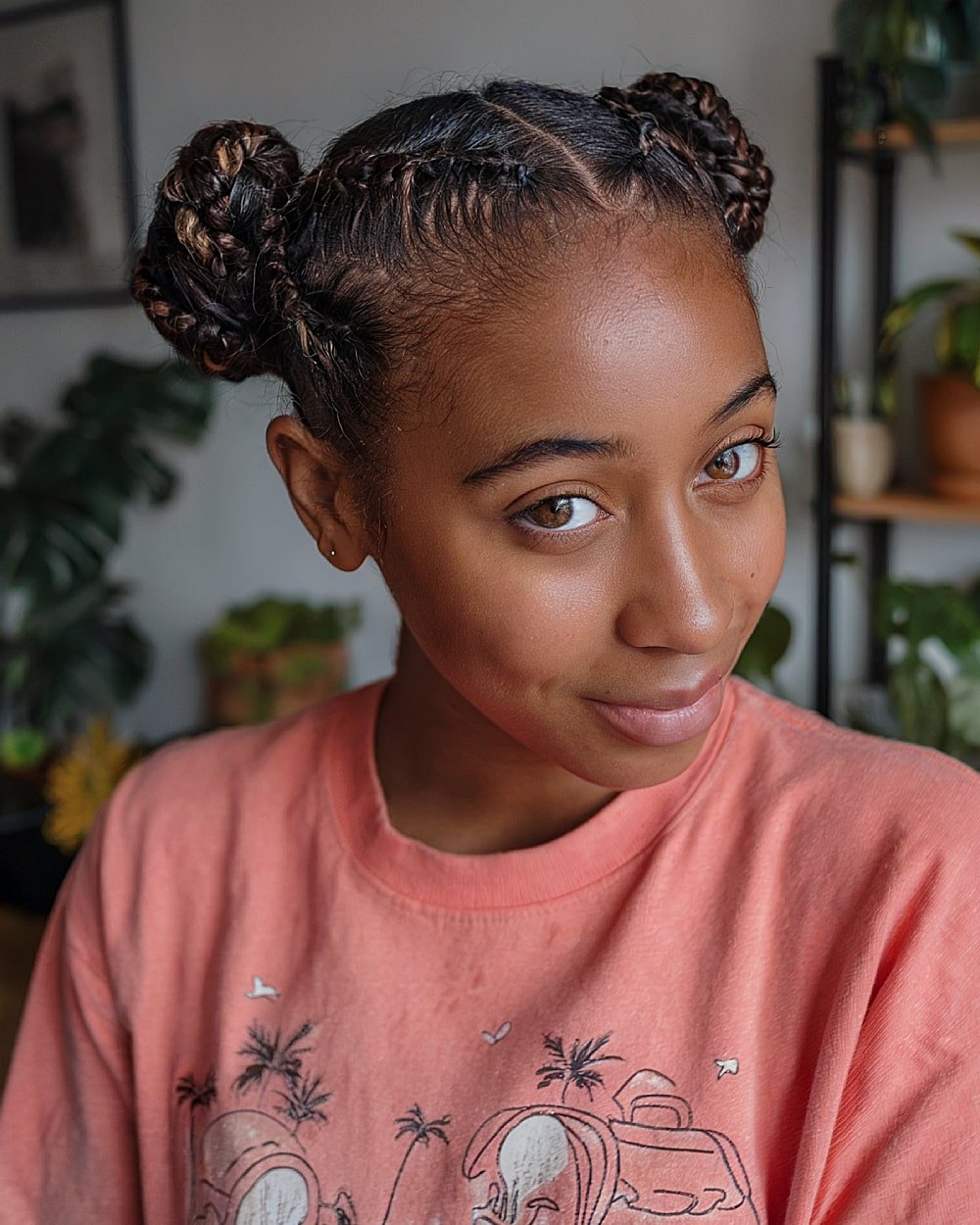Geflochtene Doppelbrötchen auf natürlichen Haaren mit Cornrow -Basis, keine Weave Teen Frisur