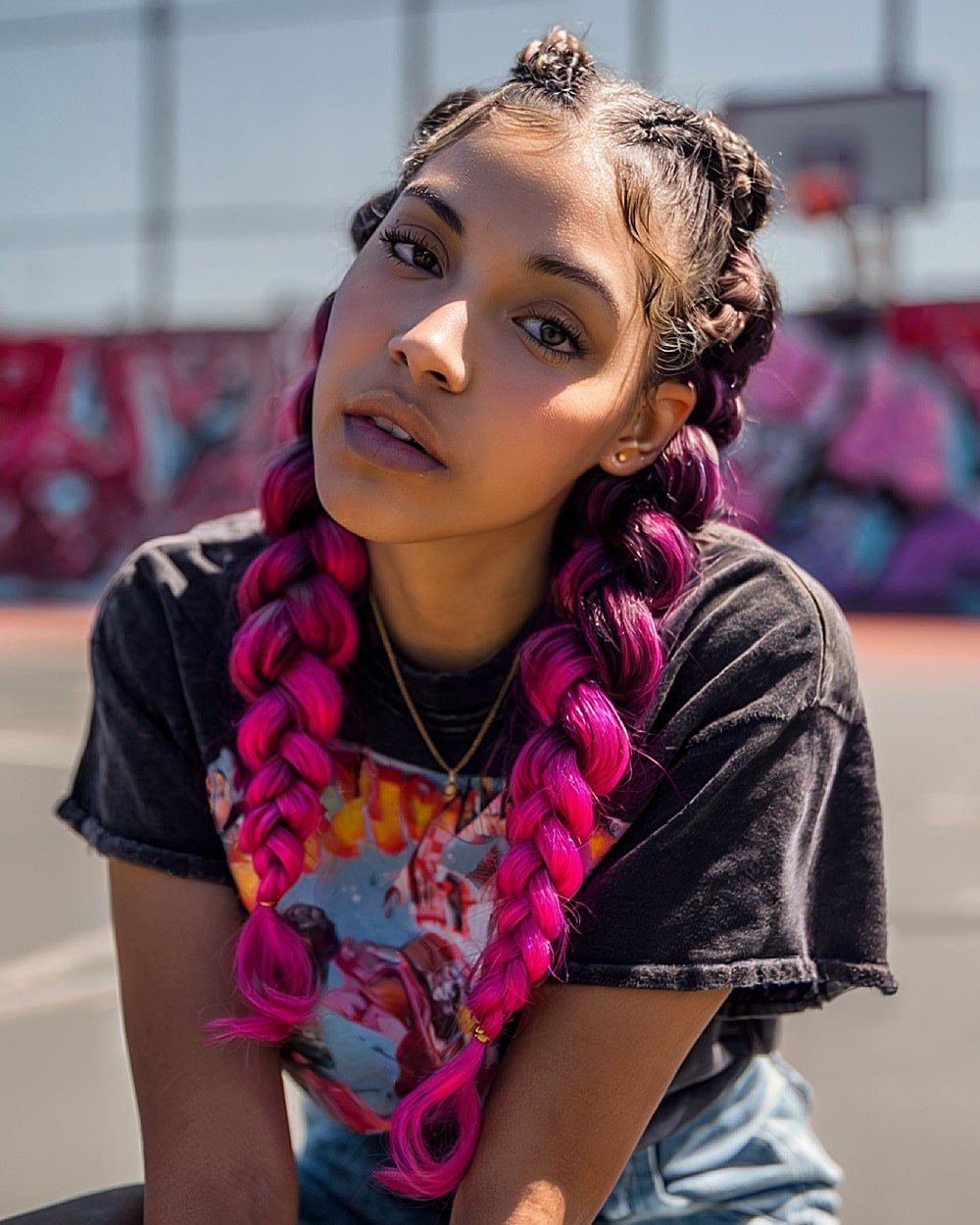 Zwei Jumbo -Zöpfe mit Magenta Ombré -Enden und Mini -Weltraumbrötchen, trendy geflochtener Teenie -Look